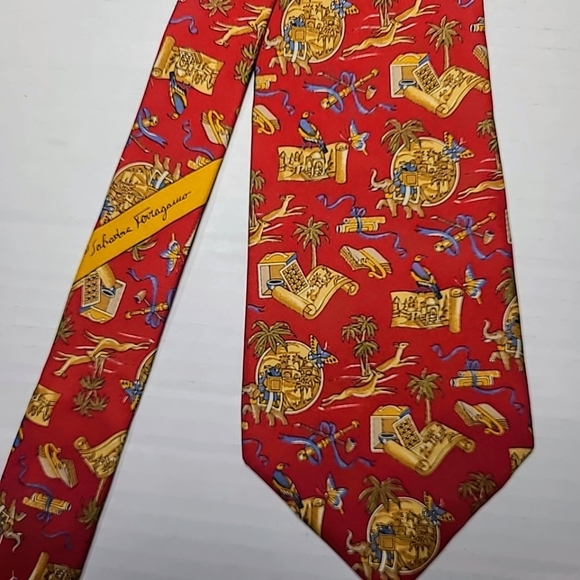 Salvatore Ferragamo Red Silk Tie Jungle Safari Elephant Palm Tree Print Italy